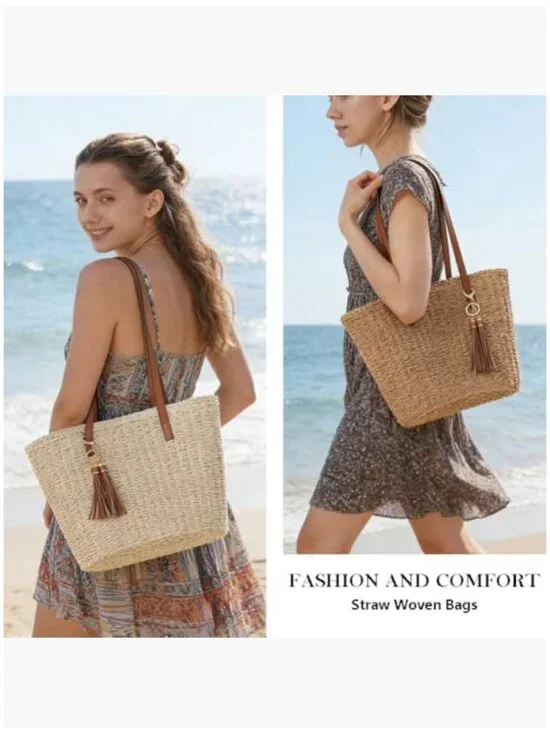 Large Straw Tote Bag with Tassel for Beach Travel Shoulder Handbag - Picture 2 of 7
